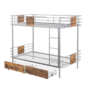 English Elm Twin XL over Twin XL Metal Bunk Bed with Full-Length Guardrails, Sturdy Ladder & Built-In Drawers Silver GX001123AAN