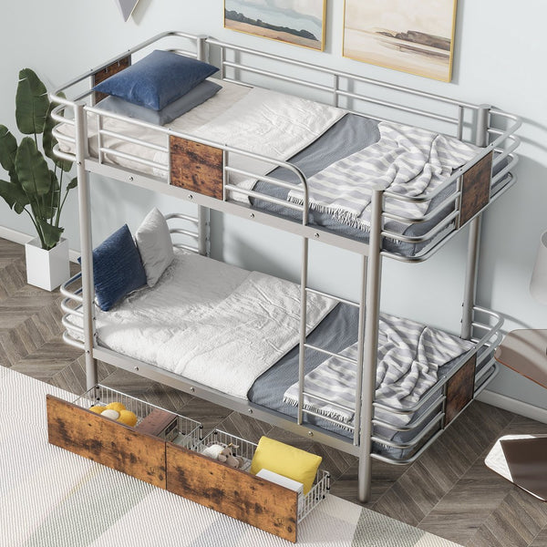 English Elm Twin XL over Twin XL Metal Bunk Bed with Full-Length Guardrails, Sturdy Ladder & Built-In Drawers Silver GX001123AAN