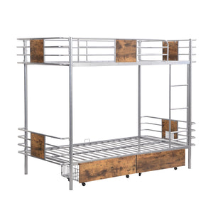 English Elm Twin XL over Twin XL Metal Bunk Bed with Full-Length Guardrails, Sturdy Ladder & Built-In Drawers Silver GX001123AAN