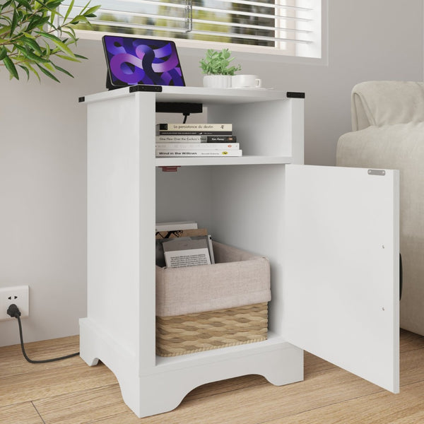 English Elm Farmhouse Rustic Nightstand Set of 2 with Built-in Charging Station and Open Display Shelf White B082134940