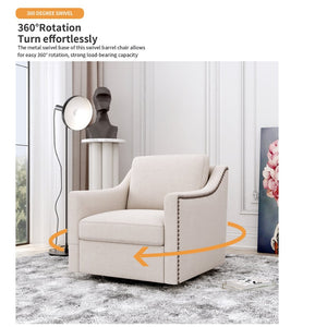 English Elm 360 Swivel Barrel Armchair Cotton Linen Upholstery Brass Nailhead Trim Living Room White W2113127539