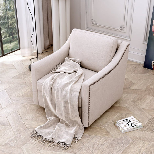 English Elm 360 Swivel Barrel Armchair Cotton Linen Upholstery Brass Nailhead Trim Living Room White W2113127539