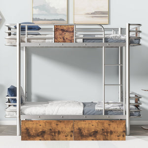 English Elm Twin XL over Twin XL Metal Bunk Bed with Full-Length Guardrails, Sturdy Ladder & Built-In Drawers Silver GX001123AAN