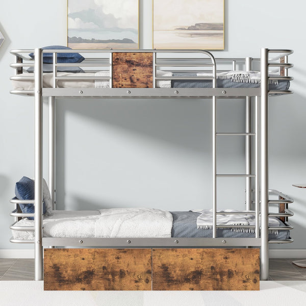 English Elm Twin XL over Twin XL Metal Bunk Bed with Full-Length Guardrails, Sturdy Ladder & Built-In Drawers Silver GX001123AAN
