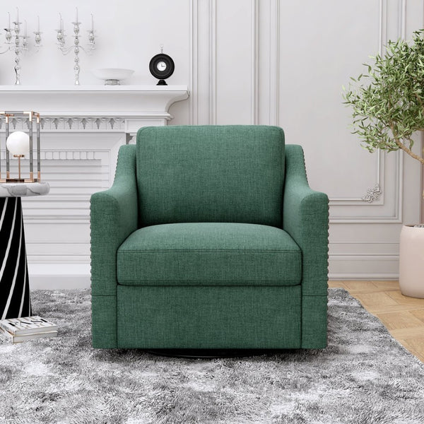 English Elm 360 Swivel Barrel Armchair Cotton Linen Upholstery Brass Nailhead Trim Living Room W2113127462