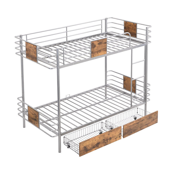 English Elm Twin XL over Twin XL Metal Bunk Bed with Full-Length Guardrails, Sturdy Ladder & Built-In Drawers Silver GX001123AAN