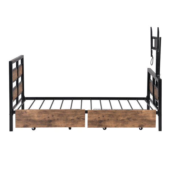 English Elm Twin Twin Size Metal Platform Bed with MDF Headboard, 2 Underbed Storage Drawers & Rotating TV Mount, Black - Low-Profile Modern Design WF309871AAB