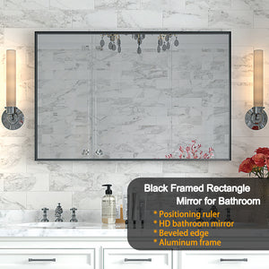 English Elm 36x24inch Black Rectangle Bathroom Mirror with Beveled Edge, Ruler Mount, Rustproof Aluminum Frame W2091127006