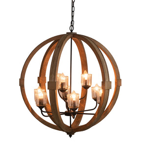 English Elm 9-light Fir Wood Globe Chandelier Barrel Frame Iron Accent for Dining Foyer W2078137923