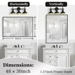 English Elm Glossy 48x30 Inch Beveled Edge Bathroom Mirror with Ruler, HD Float Glass, Rustproof Aluminum Frame W2091126964
