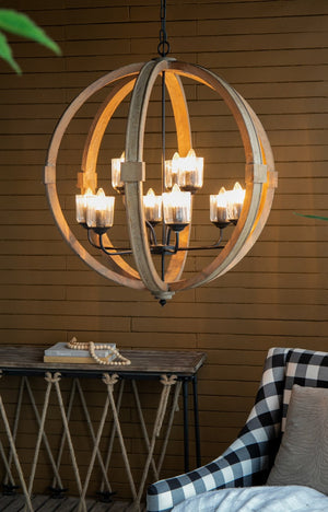 English Elm 9-light Fir Wood Globe Chandelier Barrel Frame Iron Accent for Dining Foyer W2078137923