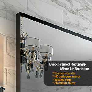 English Elm 36x30inch Beveled Edge Black Bathroom Mirror with Aluminum Frame, Ruler Guide, HD Float Glass, No-Rust W2091P214073