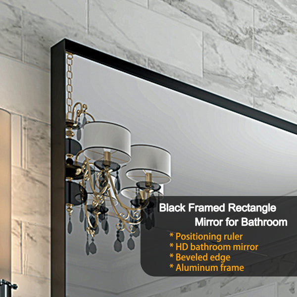 English Elm 36x30inch Beveled Edge Black Bathroom Mirror with Aluminum Frame, Ruler Guide, HD Float Glass, No-Rust W2091P214073