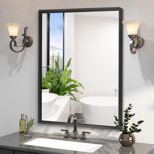 English Elm 36x24inch Black Rectangle Bathroom Mirror with Beveled Edge, Ruler Mount, Rustproof Aluminum Frame W2091127006