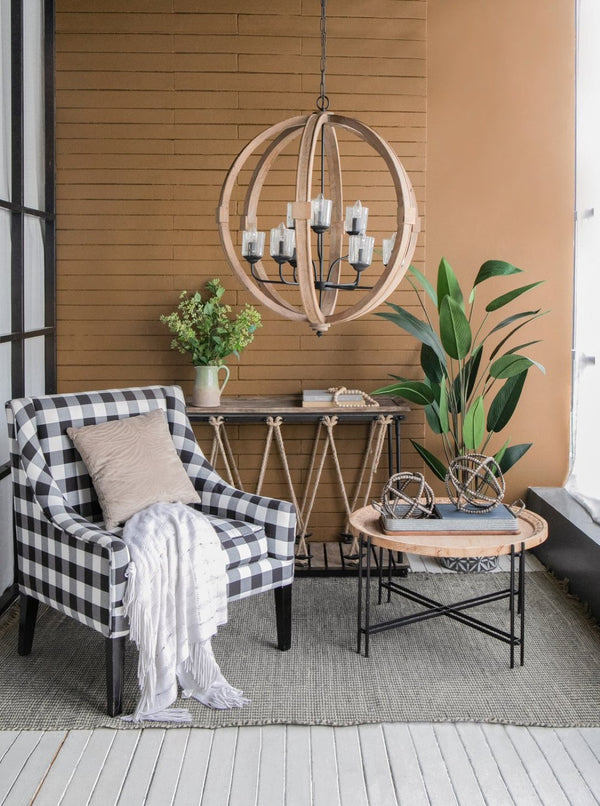 English Elm 9-light Fir Wood Globe Chandelier Barrel Frame Iron Accent for Dining Foyer W2078137923