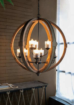 English Elm 9-light Fir Wood Globe Chandelier Barrel Frame Iron Accent for Dining Foyer W2078137923