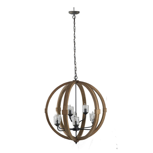 English Elm 9-light Fir Wood Globe Chandelier Barrel Frame Iron Accent for Dining Foyer W2078137923
