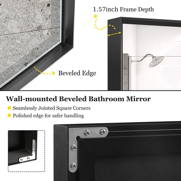 English Elm 36x30inch Beveled Edge Black Bathroom Mirror with Aluminum Frame, Ruler Guide, HD Float Glass, No-Rust W2091P214073