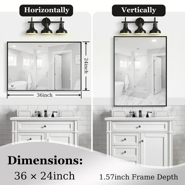 English Elm 36x24inch Black Rectangle Bathroom Mirror with Beveled Edge, Ruler Mount, Rustproof Aluminum Frame W2091127006