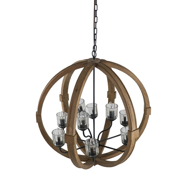 English Elm 9-light Fir Wood Globe Chandelier Barrel Frame Iron Accent for Dining Foyer W2078137923