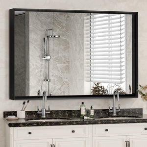English Elm 36x24inch Black Rectangle Bathroom Mirror with Beveled Edge, Ruler Mount, Rustproof Aluminum Frame W2091127006