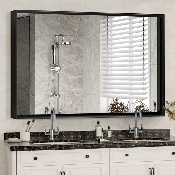 English Elm 36x24inch Black Rectangle Bathroom Mirror with Beveled Edge, Ruler Mount, Rustproof Aluminum Frame W2091127006