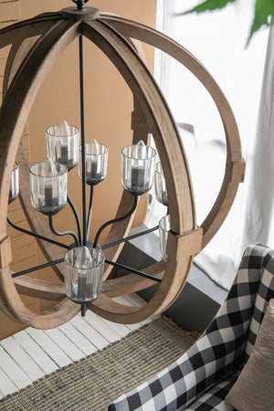 English Elm 9-light Fir Wood Globe Chandelier Barrel Frame Iron Accent for Dining Foyer W2078137923