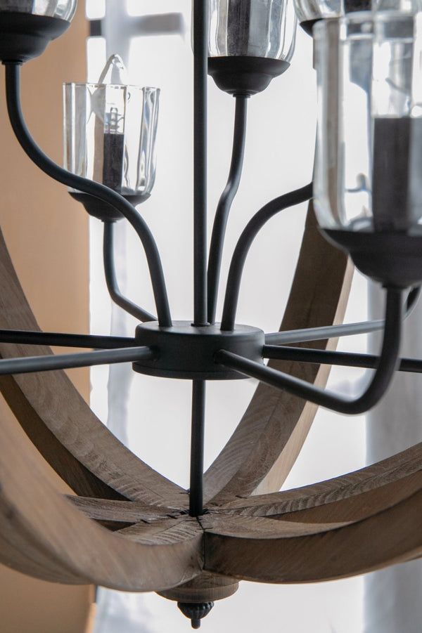 English Elm 9-light Fir Wood Globe Chandelier Barrel Frame Iron Accent for Dining Foyer W2078137923