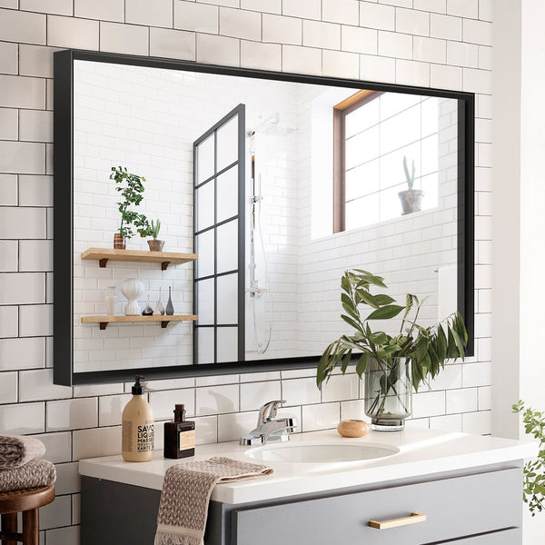 English Elm 36x24inch Black Rectangle Bathroom Mirror with Beveled Edge, Ruler Mount, Rustproof Aluminum Frame W2091127006