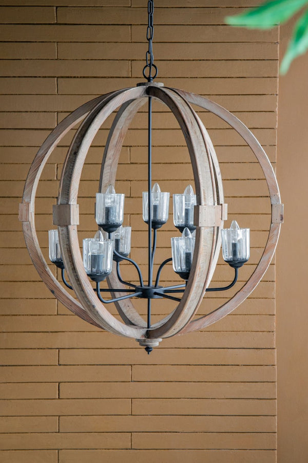 English Elm 9-light Fir Wood Globe Chandelier Barrel Frame Iron Accent for Dining Foyer W2078137923