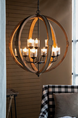 English Elm 9-light Fir Wood Globe Chandelier Barrel Frame Iron Accent for Dining Foyer W2078137923