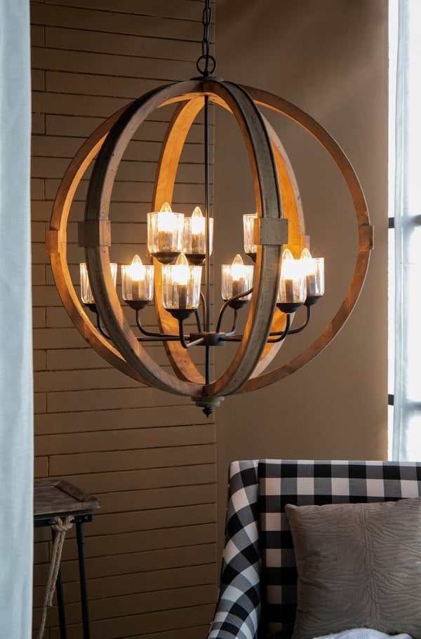 English Elm 9-light Fir Wood Globe Chandelier Barrel Frame Iron Accent for Dining Foyer W2078137923