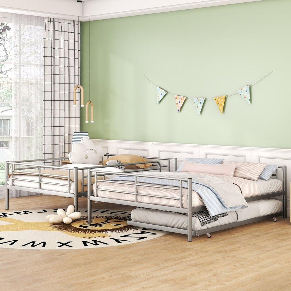 English Elm Full Xl Over Queen Iron Bunk Bed with Trundle Three Sleeping Surfaces Chrome Frame LT000259AAN
