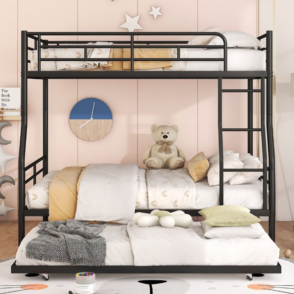 English Elm Full Xl Over Queen Iron Bunk Bed with Trundle Three Sleeper Chrome Kids Frame Black LT000259AAB