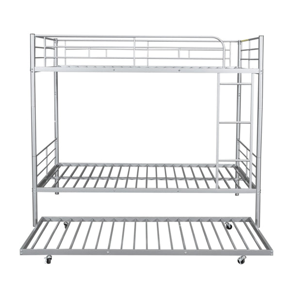 English Elm Full Over Iron Bunk Bed with Pull Out Trundle Three Sleeper Kids Guest Room Silver LT000249AAN