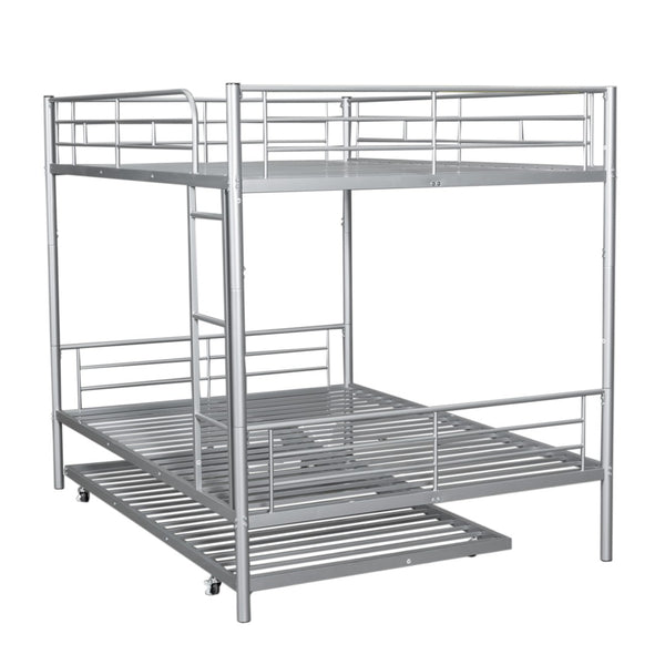 English Elm Full Over Iron Bunk Bed with Pull Out Trundle Three Sleeper Kids Guest Room Silver LT000249AAN
