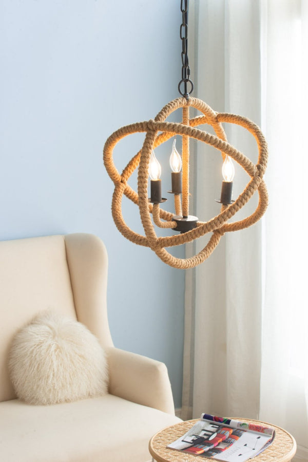 English Elm 3-light Hemp Rope Globe Chandelier Iron Frame Farmhouse Fixture for Dining Entryway W2078137922