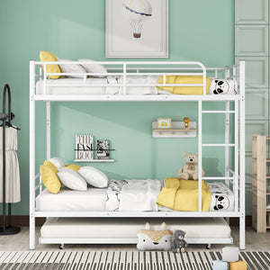English Elm Full Over Iron Bunk Bed with Pull Out Trundle Three Sleeper Kids Guest Room LT000249AAK