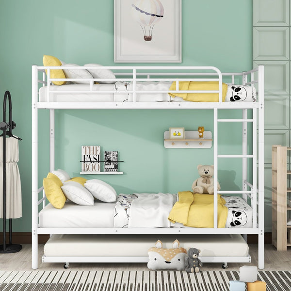 English Elm Full Over Iron Bunk Bed with Pull Out Trundle Three Sleeper Kids Guest Room LT000249AAK