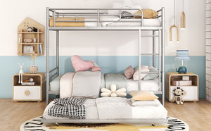 English Elm Full Over Iron Bunk Bed with Pull Out Trundle Three Sleeper Kids Guest Room Silver LT000249AAN
