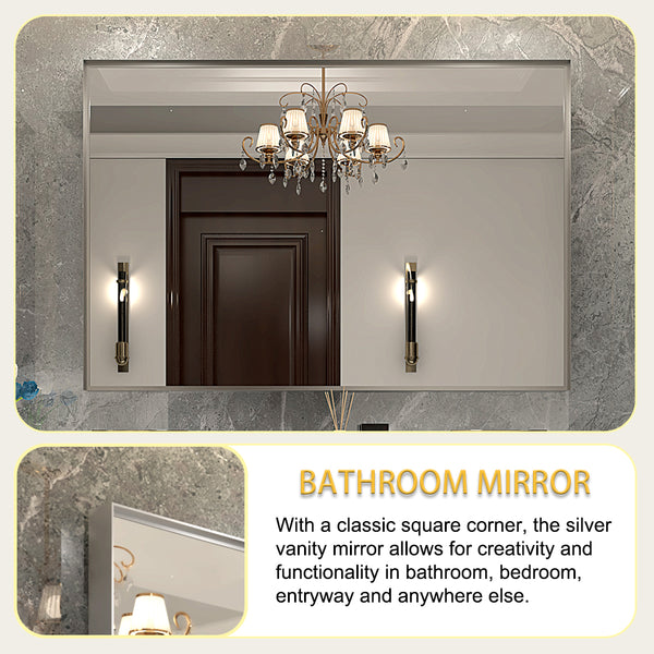 English Elm 48x30inch Beveled Wall Mirror Silver Aluminum Frame HD Float Glass Rust-Resistant Vanity Mirror with Ruler W2091126972