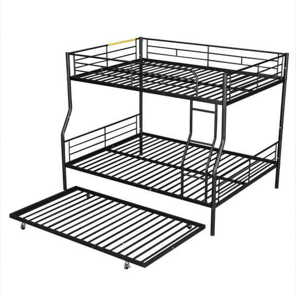 English Elm Full Xl Over Queen Iron Bunk Bed with Trundle Three Sleeper Chrome Kids Frame Black LT000259AAB