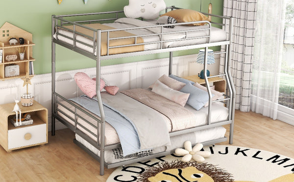 English Elm Full Xl Over Queen Iron Bunk Bed with Trundle Three Sleeping Surfaces Chrome Frame LT000259AAN