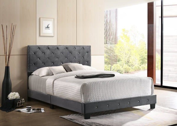 English Elm Transitional Velvet King Bed with Sturdy Frame and Upholstered Headboard, 48"H x 80"W x 83"D Elegance Gray 24.6 L x 82 W x 5.5 H B078108000