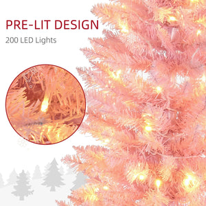 English Elm HOMCOM Pink 7' Slim Pre-Lit Noble Fir Christmas Tree with 200 Warm LEDs, 499 Tips, Space-Saving Decor W2225137771