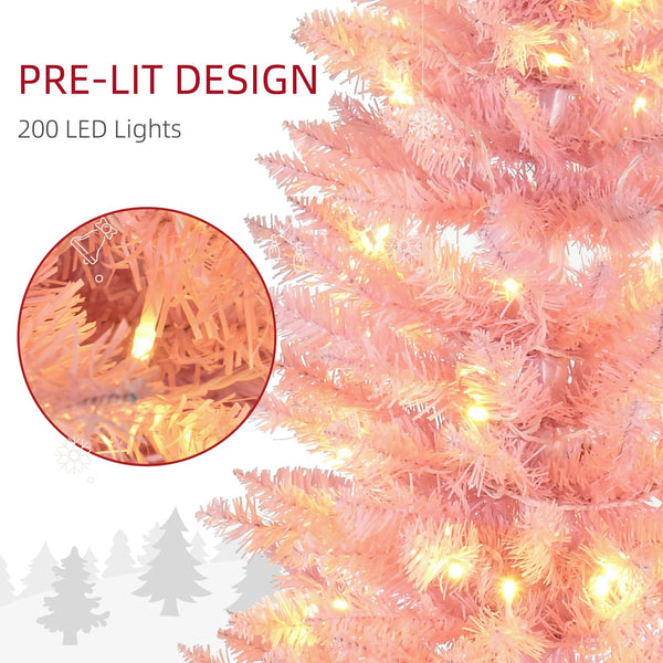 English Elm HOMCOM Pink 7' Slim Pre-Lit Noble Fir Christmas Tree with 200 Warm LEDs, 499 Tips, Space-Saving Decor W2225137771