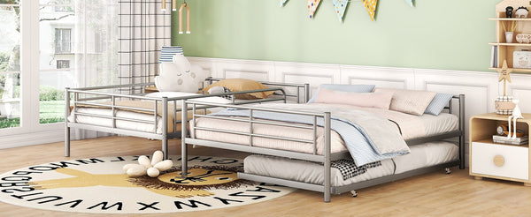 English Elm Full Xl Over Queen Iron Bunk Bed with Trundle Three Sleeping Surfaces Chrome Frame LT000259AAN