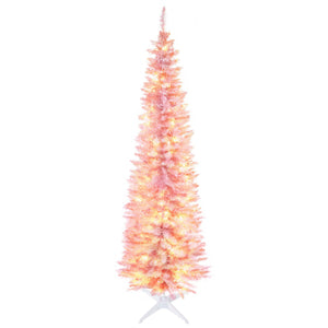 English Elm HOMCOM Pink 7' Slim Pre-Lit Noble Fir Christmas Tree with 200 Warm LEDs, 499 Tips, Space-Saving Decor W2225137771