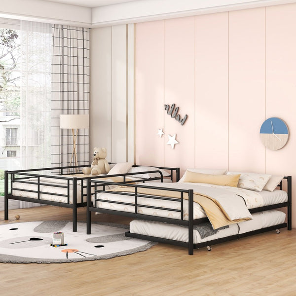 English Elm Full Xl Over Queen Iron Bunk Bed with Trundle Three Sleeper Chrome Kids Frame Black LT000259AAB