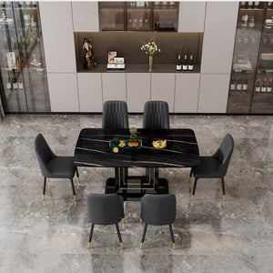 English Elm 1 Table and 6 Black Chairs. The Table Features A Black Imitation Marble Pattern Desktop and Black Gold Mdf Legs. Pair With 6 Black Pu Chairs. F-Sq C-007